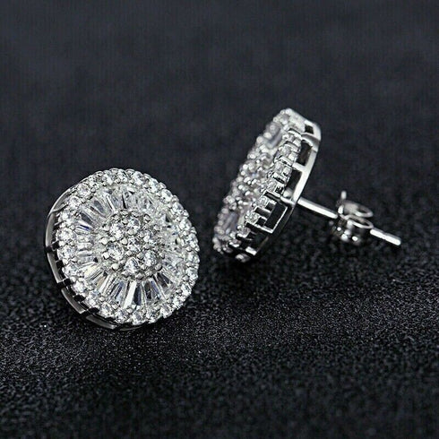 Baguette 18K White Gold Plated Round Cut Cubic Zircon Men Women Cluster Earrings